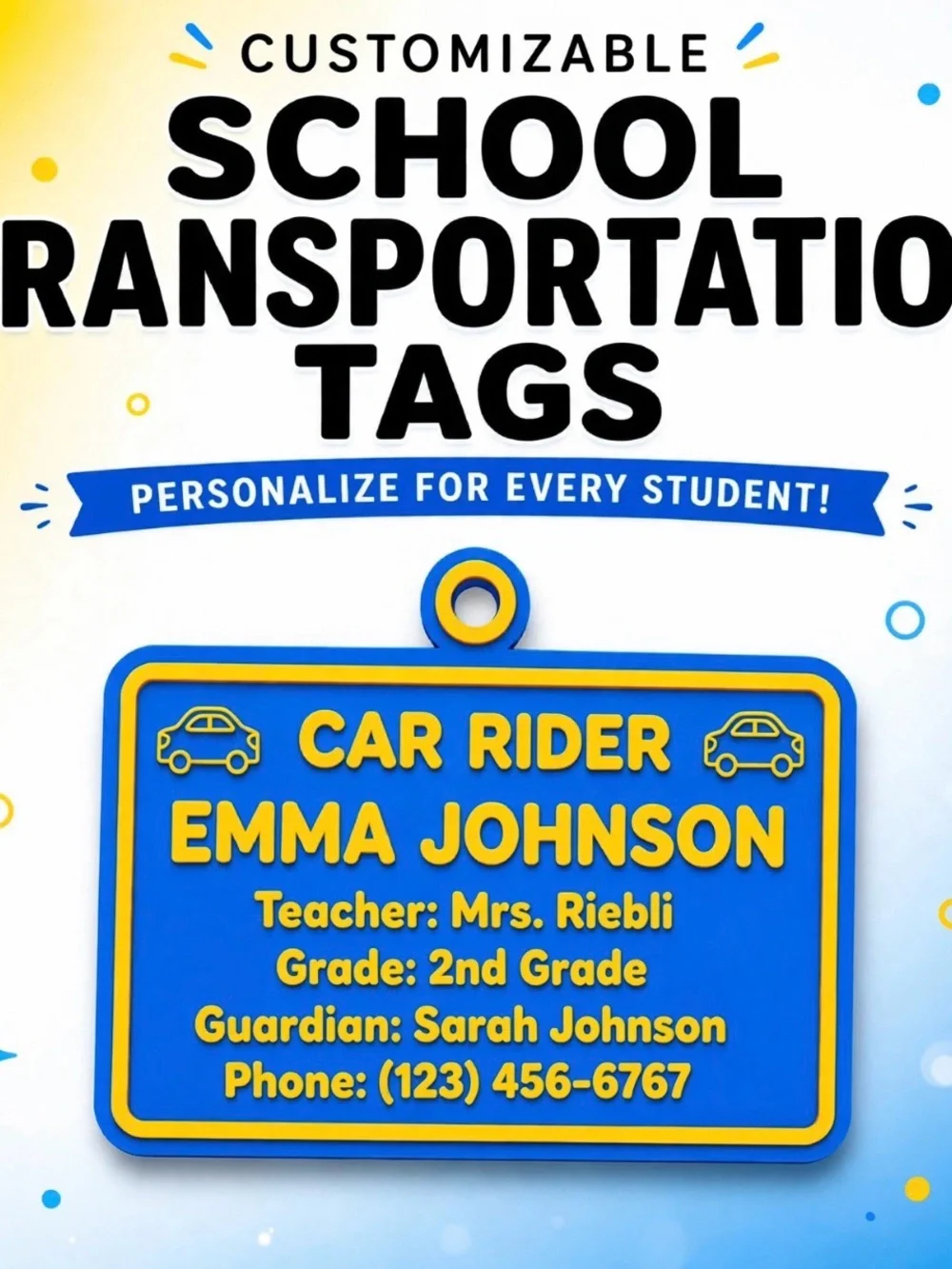 Custom 3D Printed School Transportation Tag - BUS RIDER / CAR RIDER